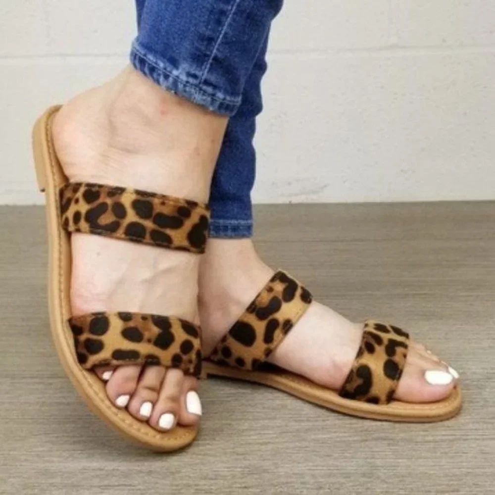 Leopard Print Double Strap Flat Summer Sandals - Picture 1 of 7
